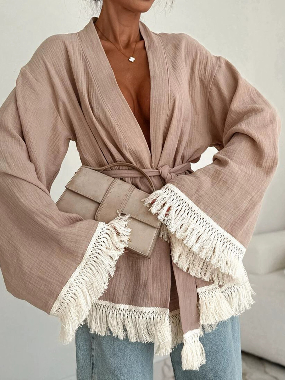 ZARA Womens V Neck Long Sleeve Tie Waist Fringe Top